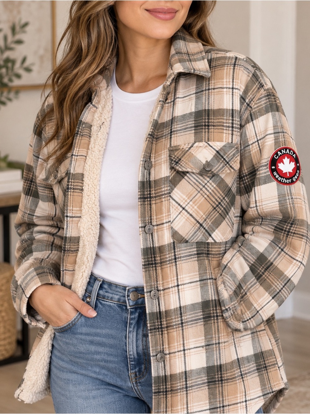 Sherpa-Lined Plaid Utility Jacket - Beige & Olive